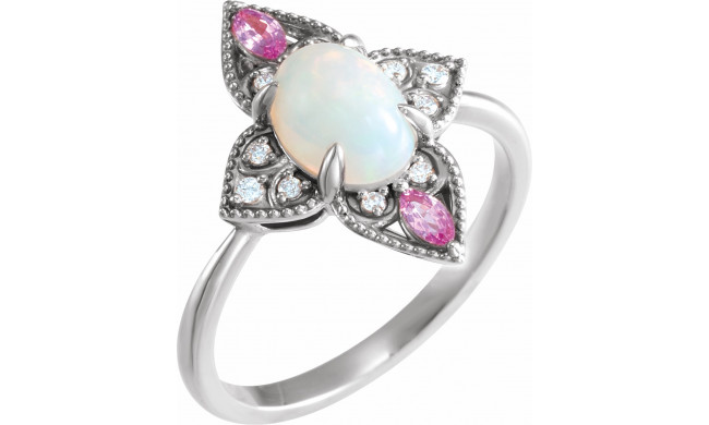 14K White Ethiopian Opal, Pink Sapphire & .05 CTW Diamond Vintage-Inspired Ring - 72095600P