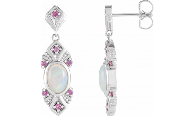 14K White Ethiopian Opal & Pink Sapphire Vintage-Inspired Earrings - 87059605P