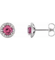 14K White 5 mm Round Pink Tourmaline & 1/8 CTW Diamond Earrings - 864586029P