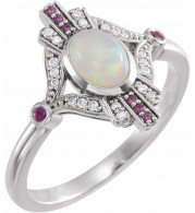 14K White Cabochon Ethiopian Opal, Pink Sapphire & .06 CTW Diamond Ring - 72093600P