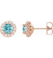 14K Rose 4 mm Round Blue Zircon & 1/8 Diamond Earrings - 86839645P