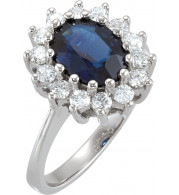 14K White 9 x 7 mm Oval Blue Sapphire & 1/2 CTW Diamond Halo-Style Ring - 6837742838P