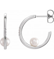 14K White Freshwater Cultured Pearl & .025 CTW Diamond Hoop Earrings - 87032605P