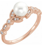 14K Rose Freshwater Pearl & 1/8 CTW Diamond Leaf Ring - 6491602P