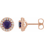 14K Rose 4 mm Round Amethyst & 1/8 Diamond Earrings - 86839642P