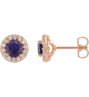 14K Rose 4 mm Round Amethyst & 1/8 Diamond Earrings - 86839642P