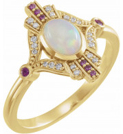 14K Yellow Cabochon Ethiopian Opal, Pink Sapphire & .06 CTW Diamond Ring - 72093601P