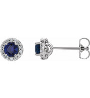 14K White 4 mm Round Blue Sapphire & 1/8 Diamond Earrings - 86839612P