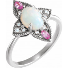 14K White Ethiopian Opal, Pink Sapphire & .05 CTW Diamond Vintage-Inspired Ring - 72095600P