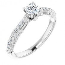 14K White 4 mm Round Forever One Moissanite & 1/10 CTW Diamond Engagement Ring. Size 7
