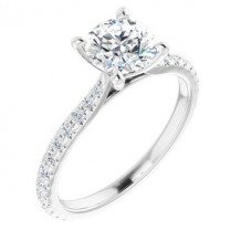 14K White 6.5 mm Round Forever One Moissanite & 3/8 CTW Diamond Engagement Ring. Size 7