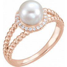 14K Rose Freshwater Cultured Pearl & .08 CTW Diamond Halo-Style Beaded Ring - 6493602P