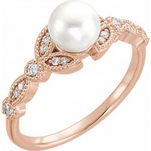 14K Rose Freshwater Pearl & 1/8 CTW Diamond Leaf Ring - 6491602P