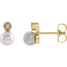 14K Yellow Akoya Cultured Pearl & .03 CTW Diamond Bezel-Set Earrings - 87317126P