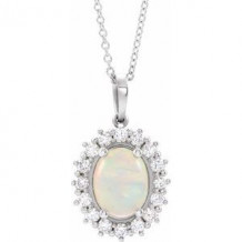 14K White Ethiopian Opal & 1/3 CTW Diamond Halo-Style 16-18" Necklace