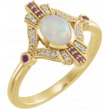14K Yellow Cabochon Ethiopian Opal, Pink Sapphire & .06 CTW Diamond Ring - 72093601P