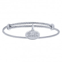 Adjustable Twisted Cable Stainless Steel Bangle with Sterling Silver Diamond Faith Charm