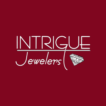 Intrigue Jewelers logo featuring white serif typography and a diamond icon on a deep red background.