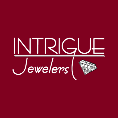 Official brand logo for Intrigue Jewelers featuring modern white text and a diamond icon on a dark burgundy background.